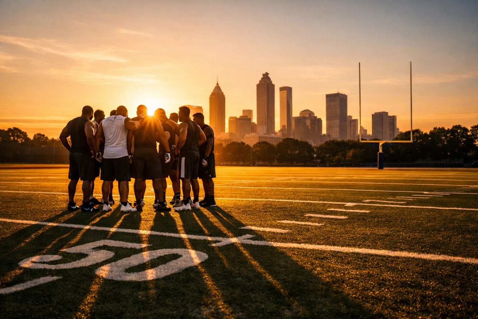 A team of elite athletes huddling on a football field during intensive football training in Atlanta.
