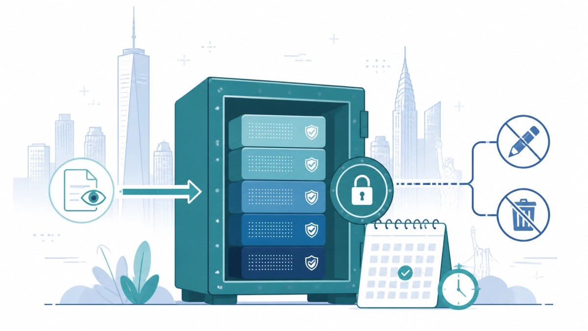 Flat vector illustration showing backup data locked inside an immutable vault with retention protection
