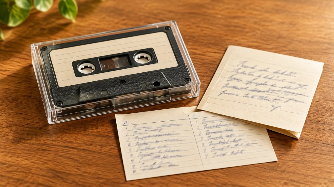 A cassette in its case with a handwritten mixtape insert and note on a wooden table