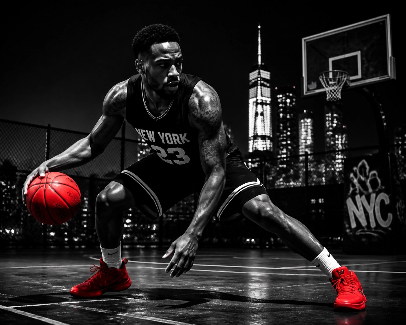 A basketball player mid-crossover on an urban court, reflecting New York Knicks grit and basketball culture.