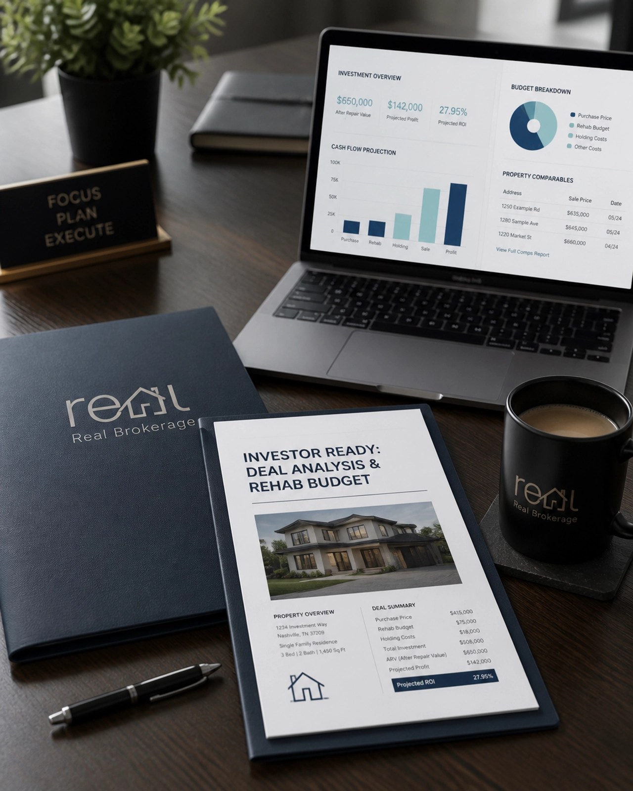 A professional 'Investor Ready' folder with deal analysis and rehab budget documents.