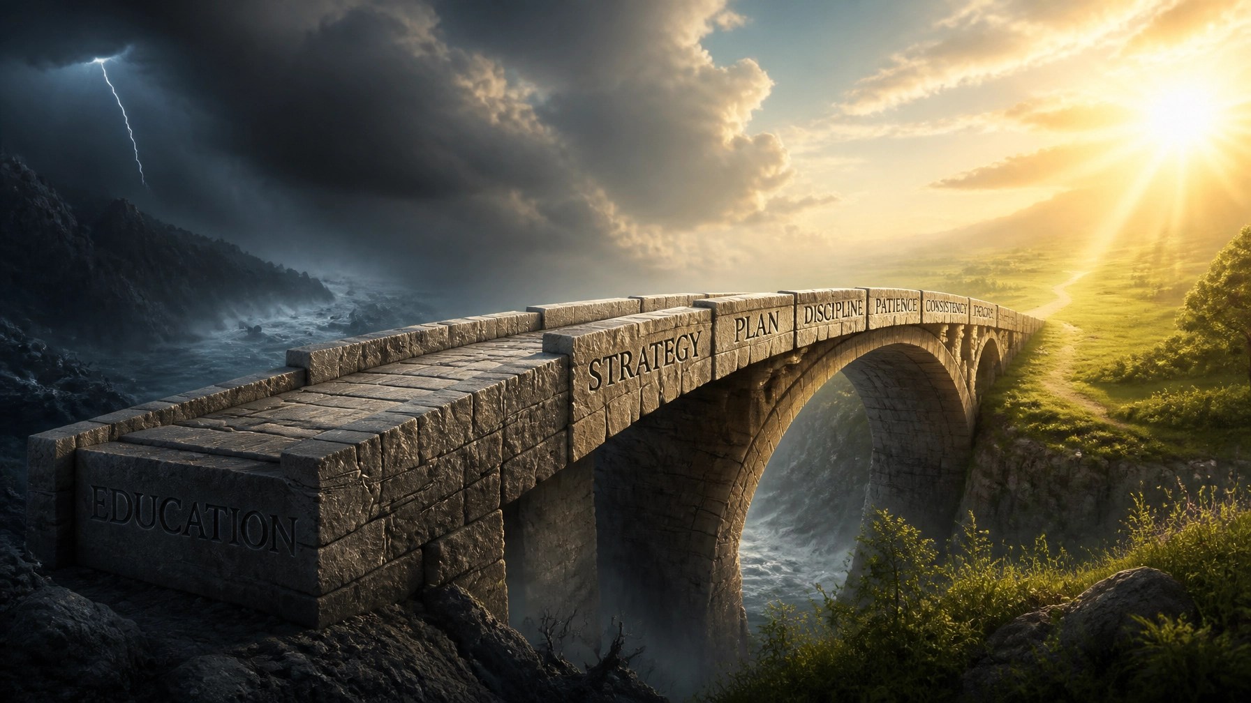 Abstract 3D render of a bridge labeled 'Education' and 'Strategy' leading from financial confusion to clarity.