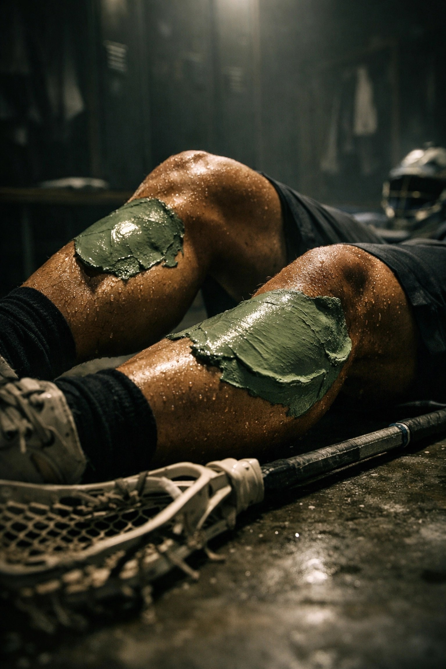 Green clay application on athlete legs in a locker room for post-game lacrosse muscle recovery.