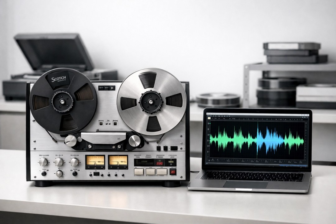 Professional reel-to-reel digitization equipment and audio software in a dedicated transfer studio.