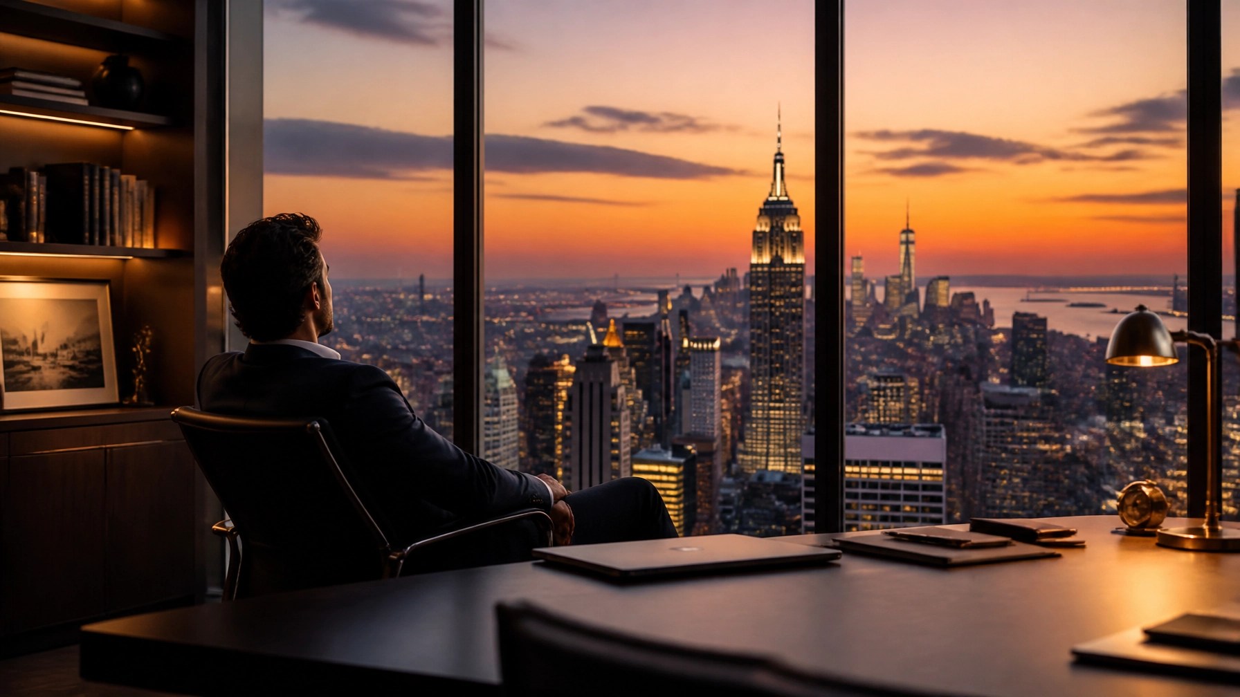 A peaceful New York office setting at sunset, symbolizing the peace of mind that comes with secure health coverage.