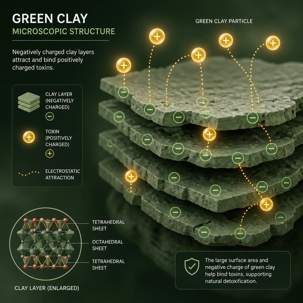 Conceptual scientific illustration of clay particles and toxins