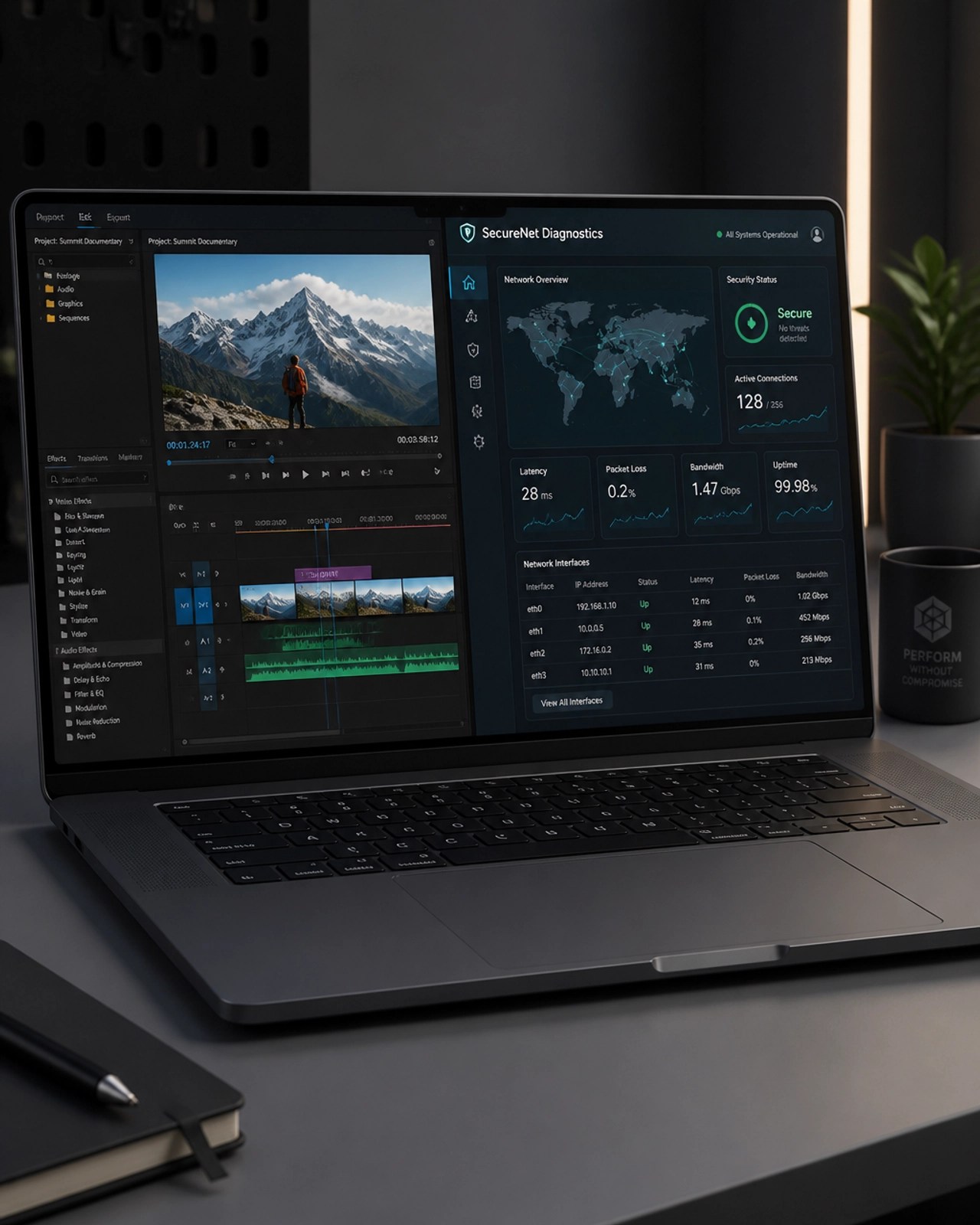 Laptop showing video editing and network diagnostics
