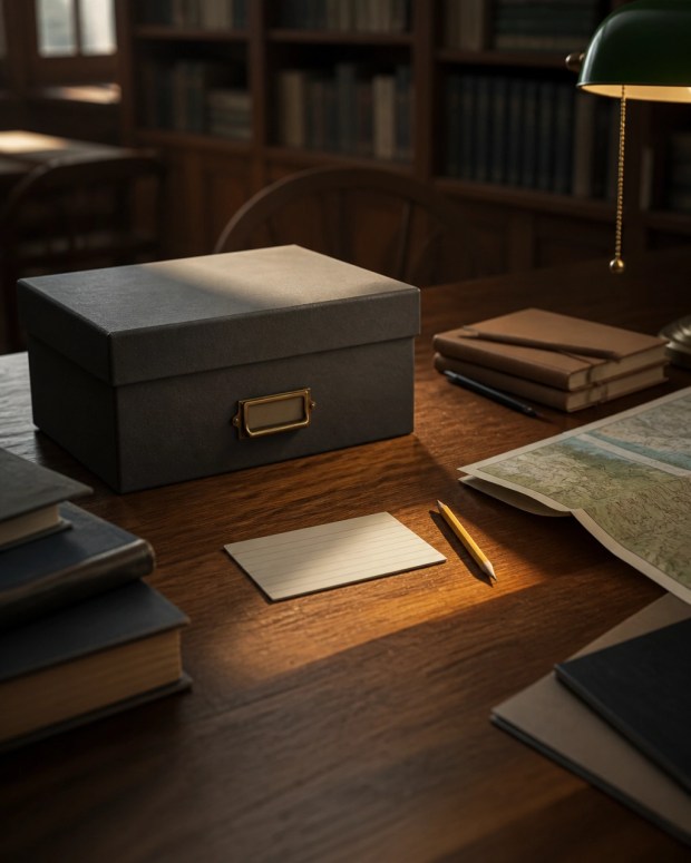 A quiet research table with an archival box, blank index card, folded map, pencil, and warm sunlight
