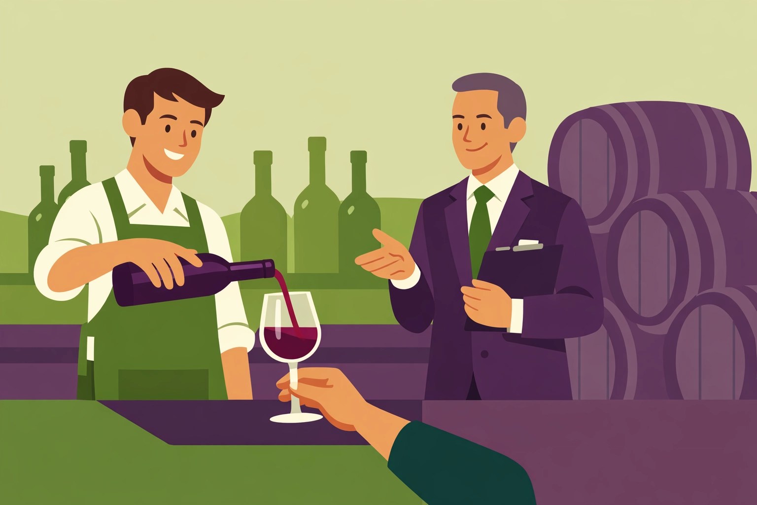 A guest enjoying an expert wine tasting at a Northern Virginia vineyard bar with a professional host.