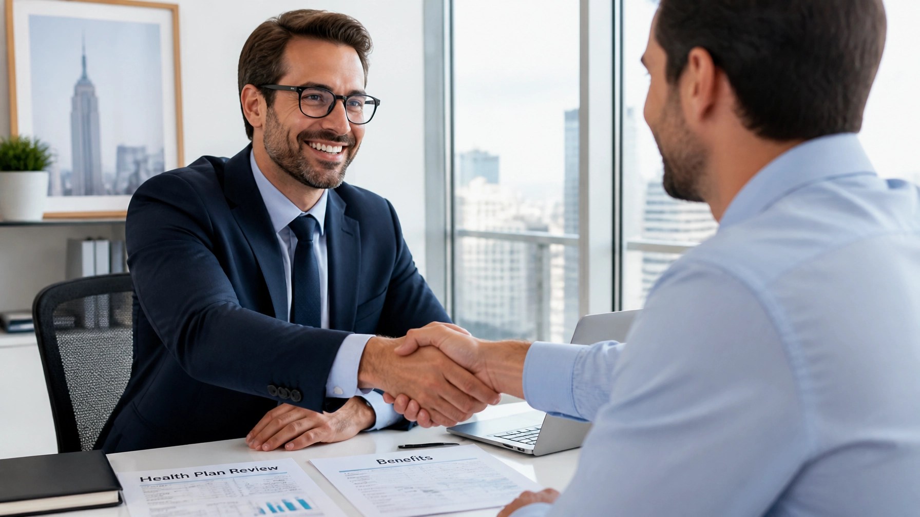 Super Senior Services expert helping a New York business owner with health insurance planning
