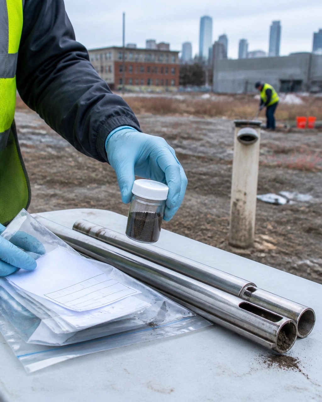 Environmental professional documenting soil sampling and chain of custody at an urban brownfield investigation