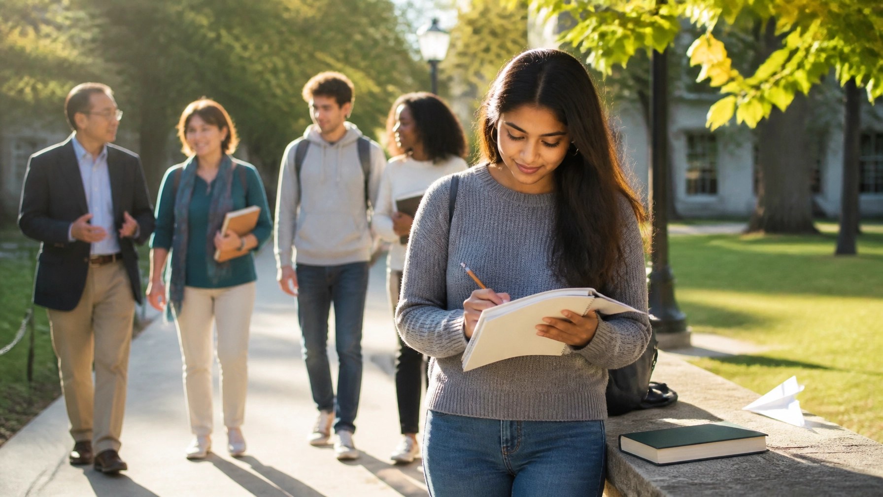 A college student writing a follow up plan in a notebook while a professor, advisor, and classmates walk together on a sunlit campus pathway