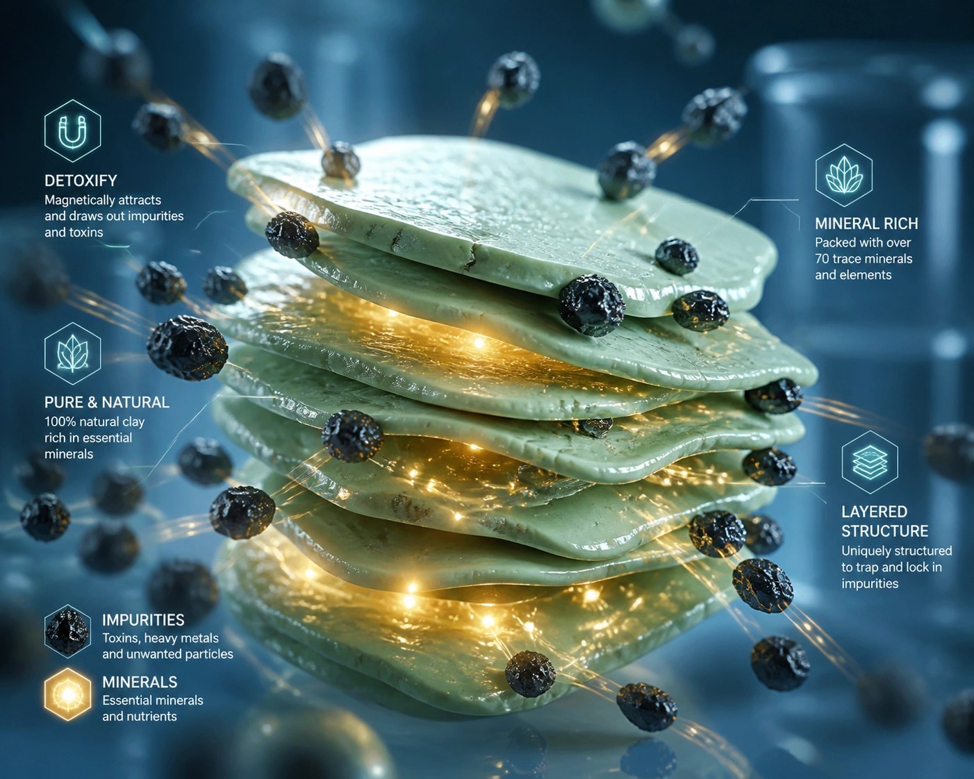 Microscopic view of green healing clay particles adsorbing toxins and releasing minerals for a body detox.