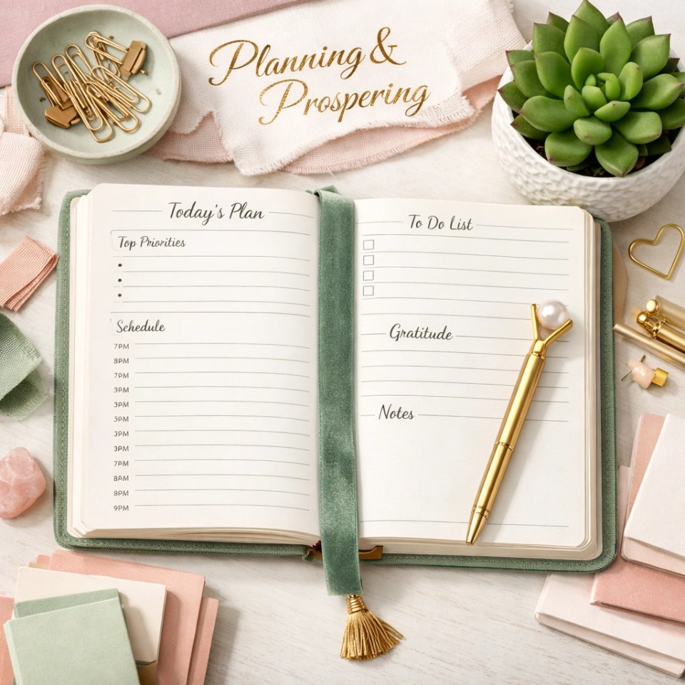 An open daily planner and faith-based stationery used for spiritual growth and planning with God.