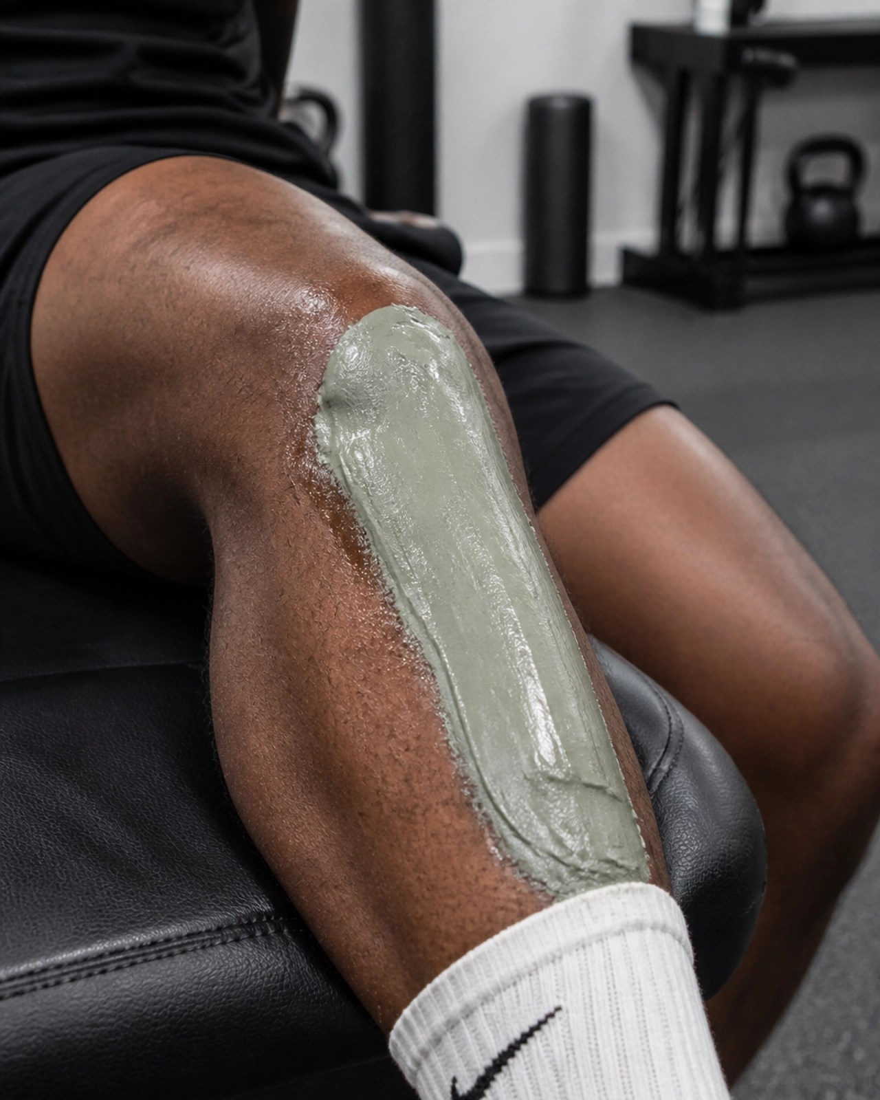 Football player's leg with a turf burn being treated with green healing clay