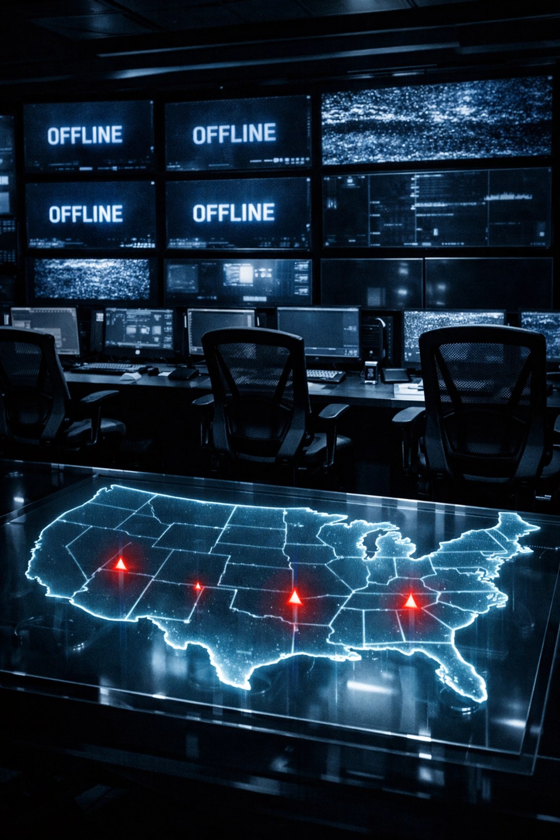 Darkened security command center with offline monitors representing DHS shutdown and domestic threat alerts.