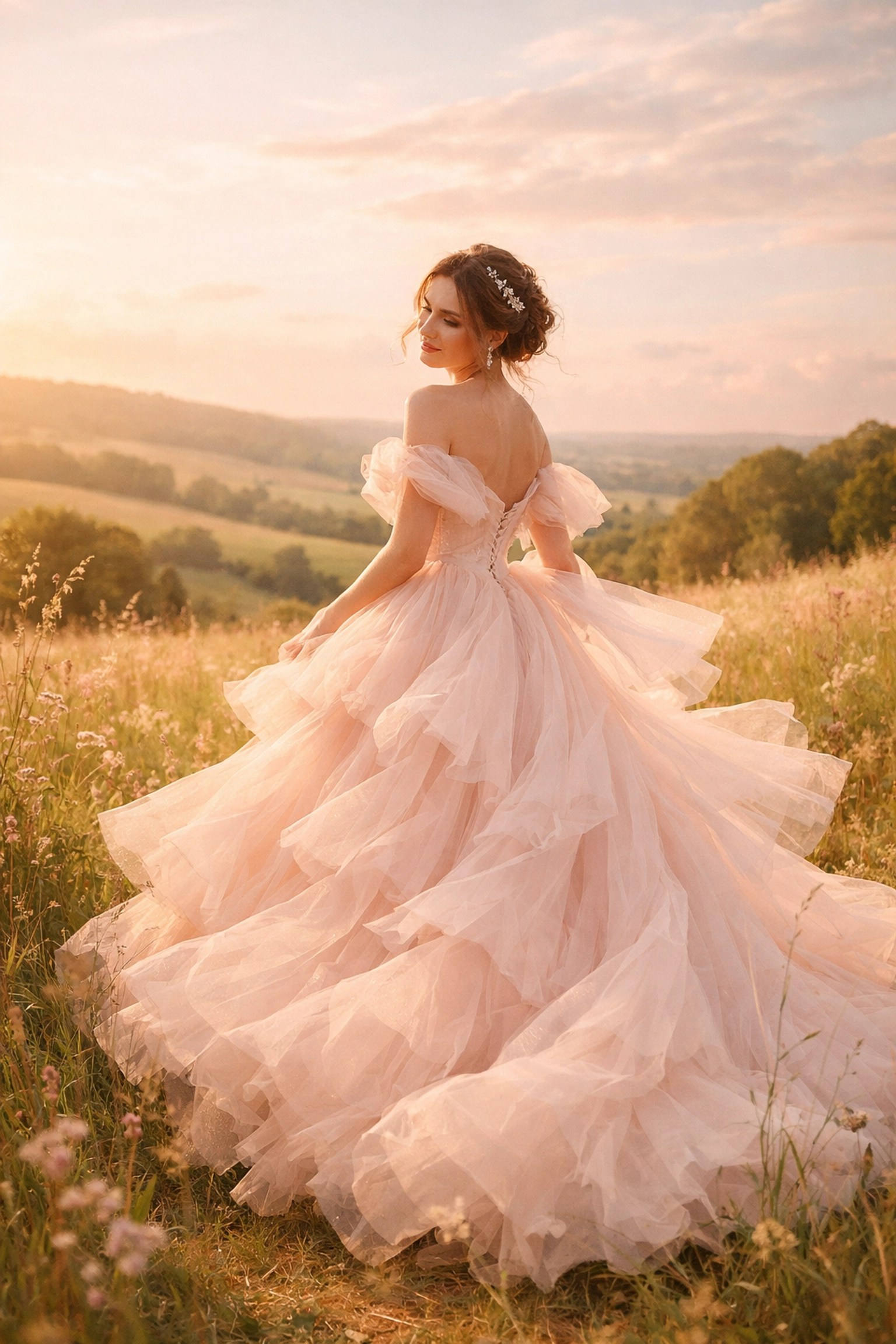 Bride in blush pink tulle wedding gown in Kent countryside meadow at golden hour