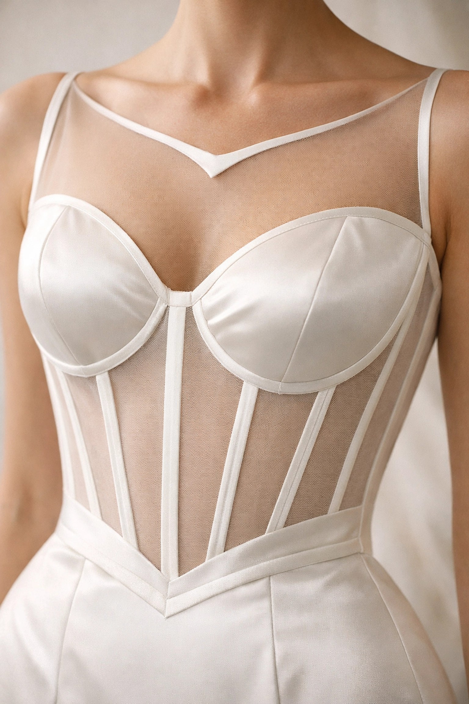 Contemporary bridal bodice with cat-eye neckline and illusion mesh details close-up