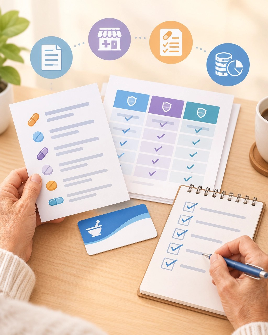 Medicare AEP checklist with medication list and plan comparison documents