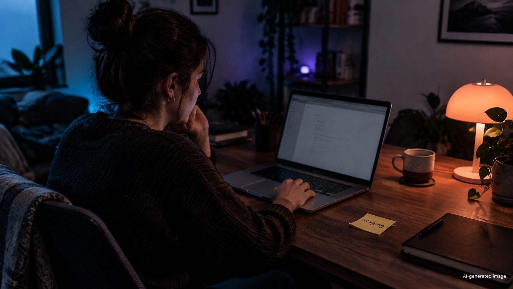 Founder reviewing a simple website setting on a laptop at a desk