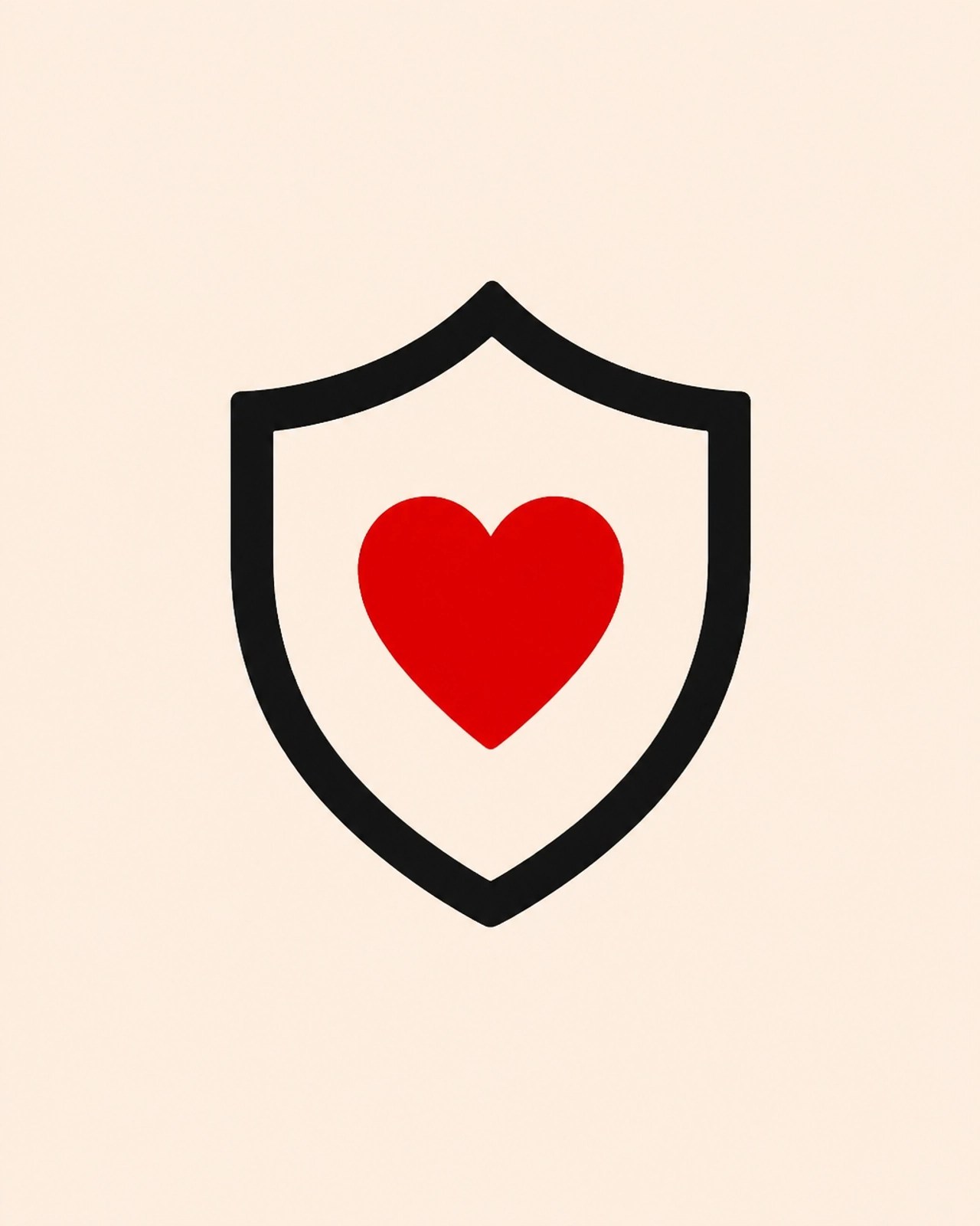 A black geometric shield icon containing a small red heart, symbolizing safety and secure health data