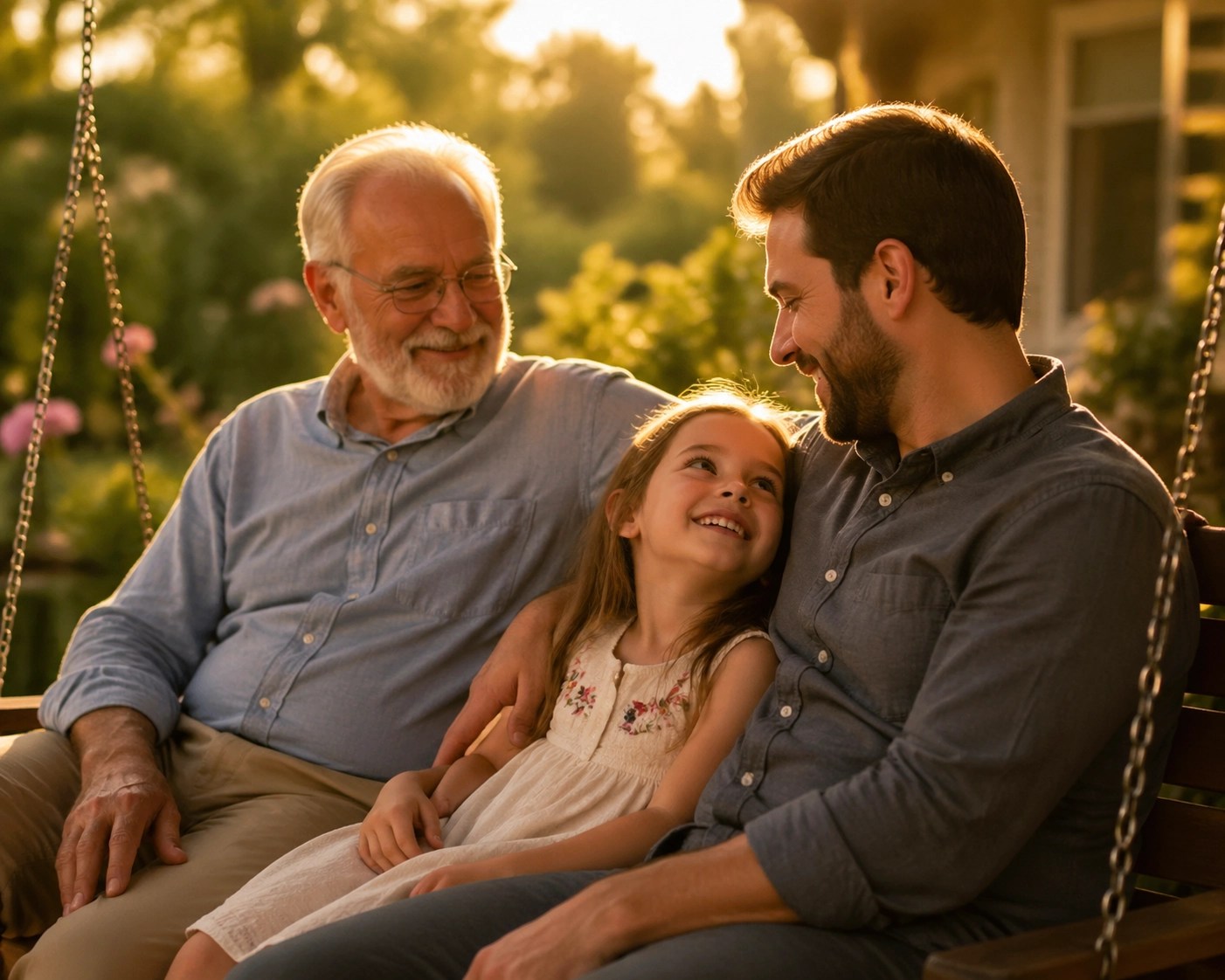 A grandfather and family on a porch swing, symbolizing peace of mind from affordable final expense plans.