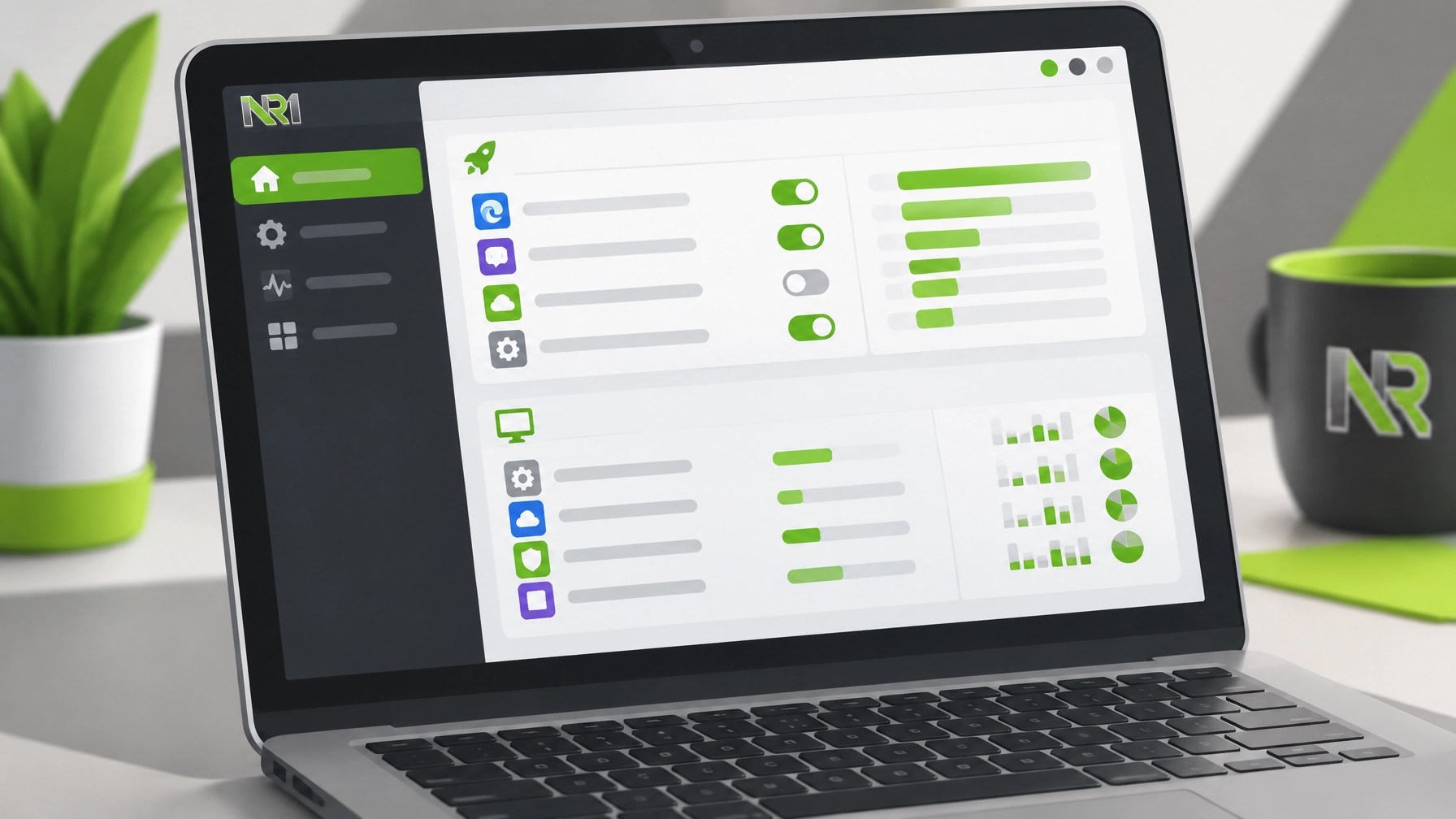 Abstract Windows laptop dashboard showing startup apps and background resource use