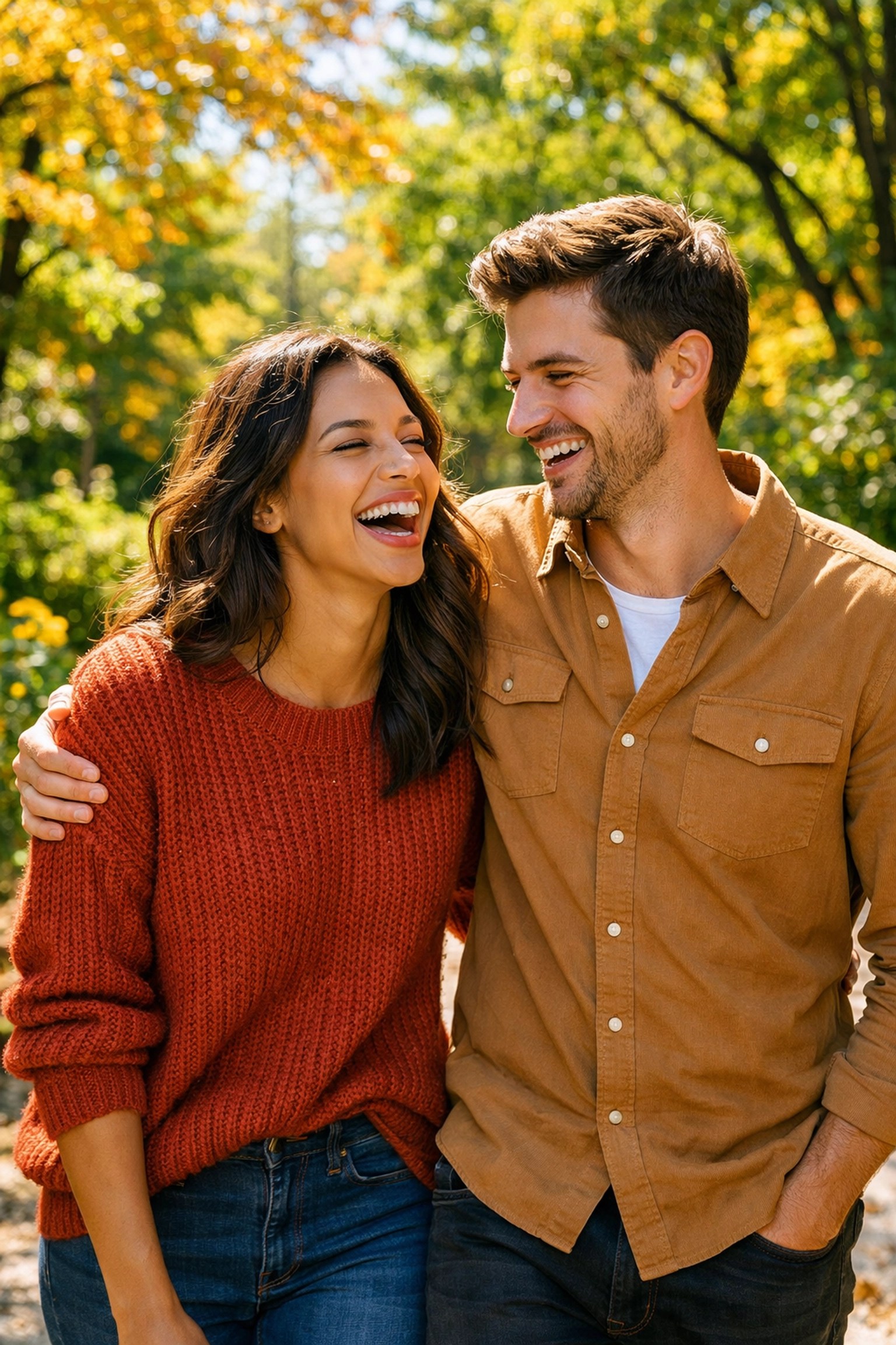 Couple wearing coordinated earthy tones laughing during a candid outdoor portrait session.