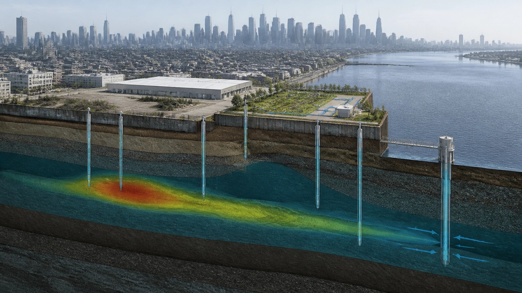 Technical subsurface visualization showing PFAS groundwater plume, soil strata, monitoring wells, and an engineered treatment zone at an urban waterfront redevelopment site