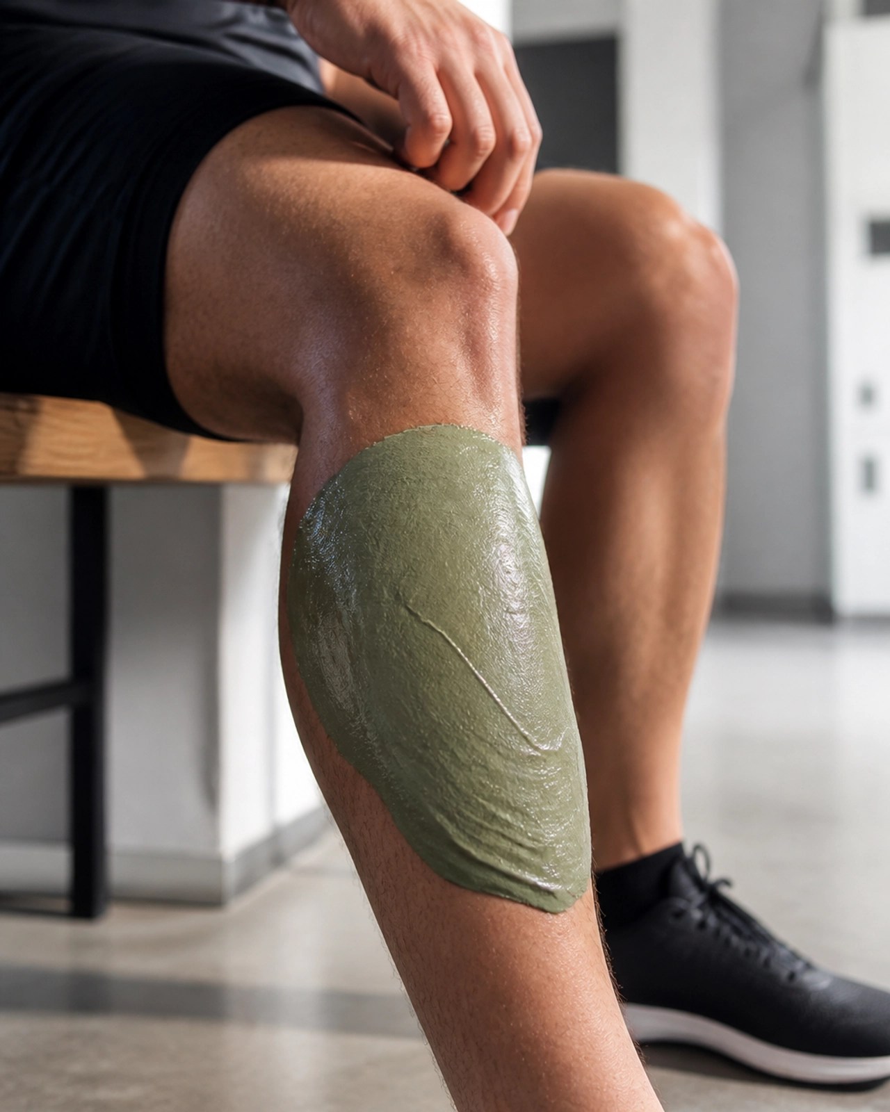 Athlete applying green clay poultice for recovery