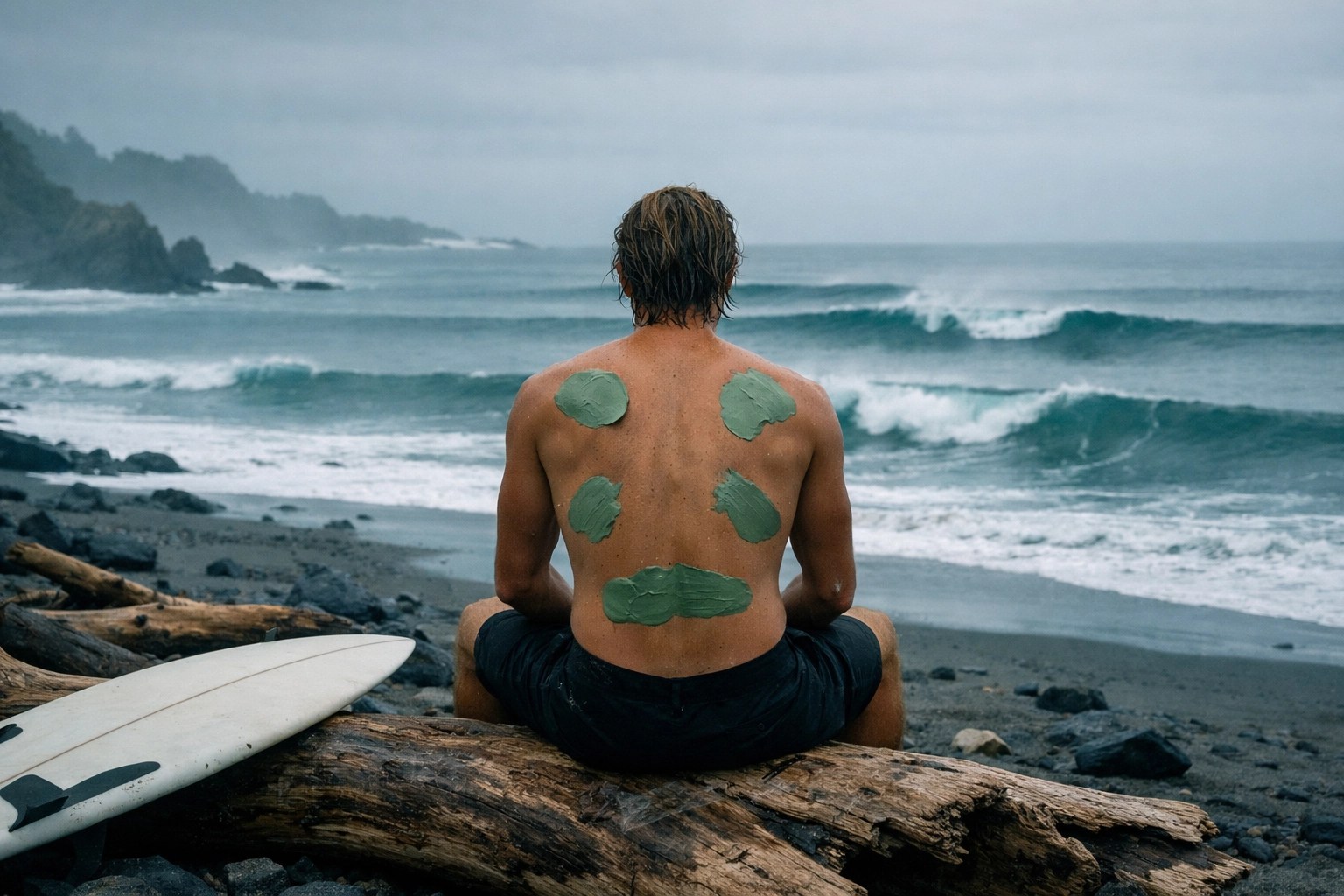 Surfer resting on driftwood with green clay applied to their back for post-surf muscle recovery.