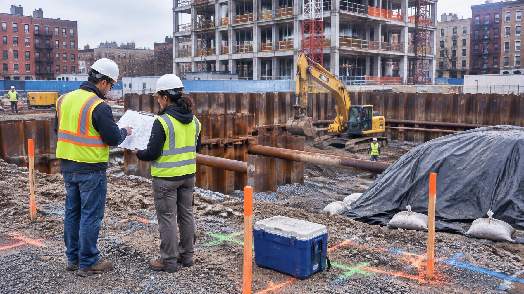 PE and construction manager reviewing stamped plans beside an urban excavation with survey stakes, soil stockpile sheeting, and steel shoring