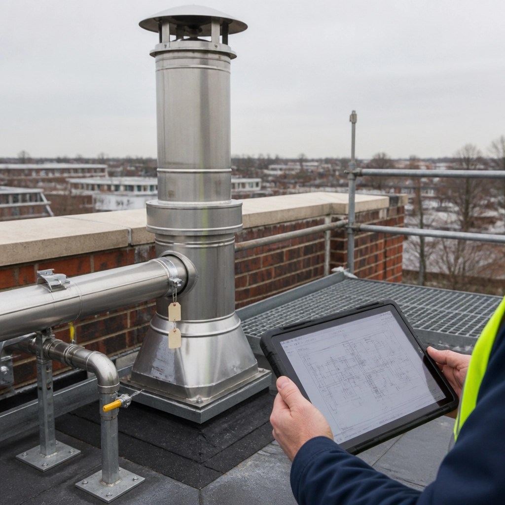 Installed commercial boiler flue and rooftop stack documented for project closeout