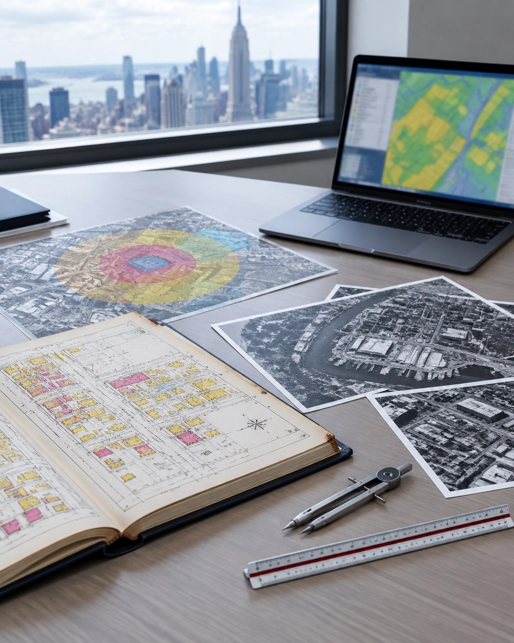 Archival maps, aerial photographs, and a regulatory radius overlay used for Phase I ESA research