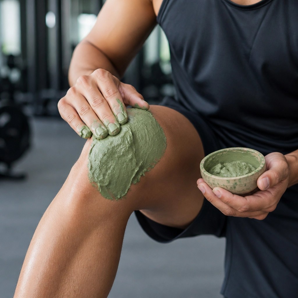 Athlete applying green clay to a knee for recovery