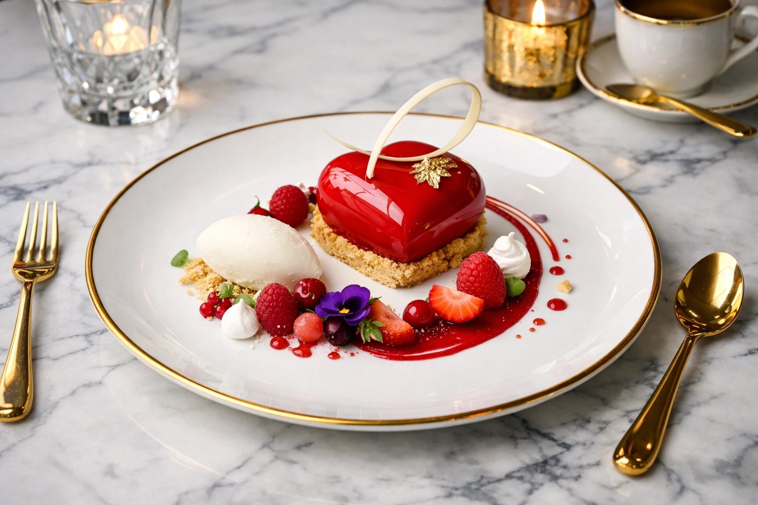 Fresh, stunning gourmet luxury dessert on a marble table with elegant plating and upscale hotel dining vibes, no people.