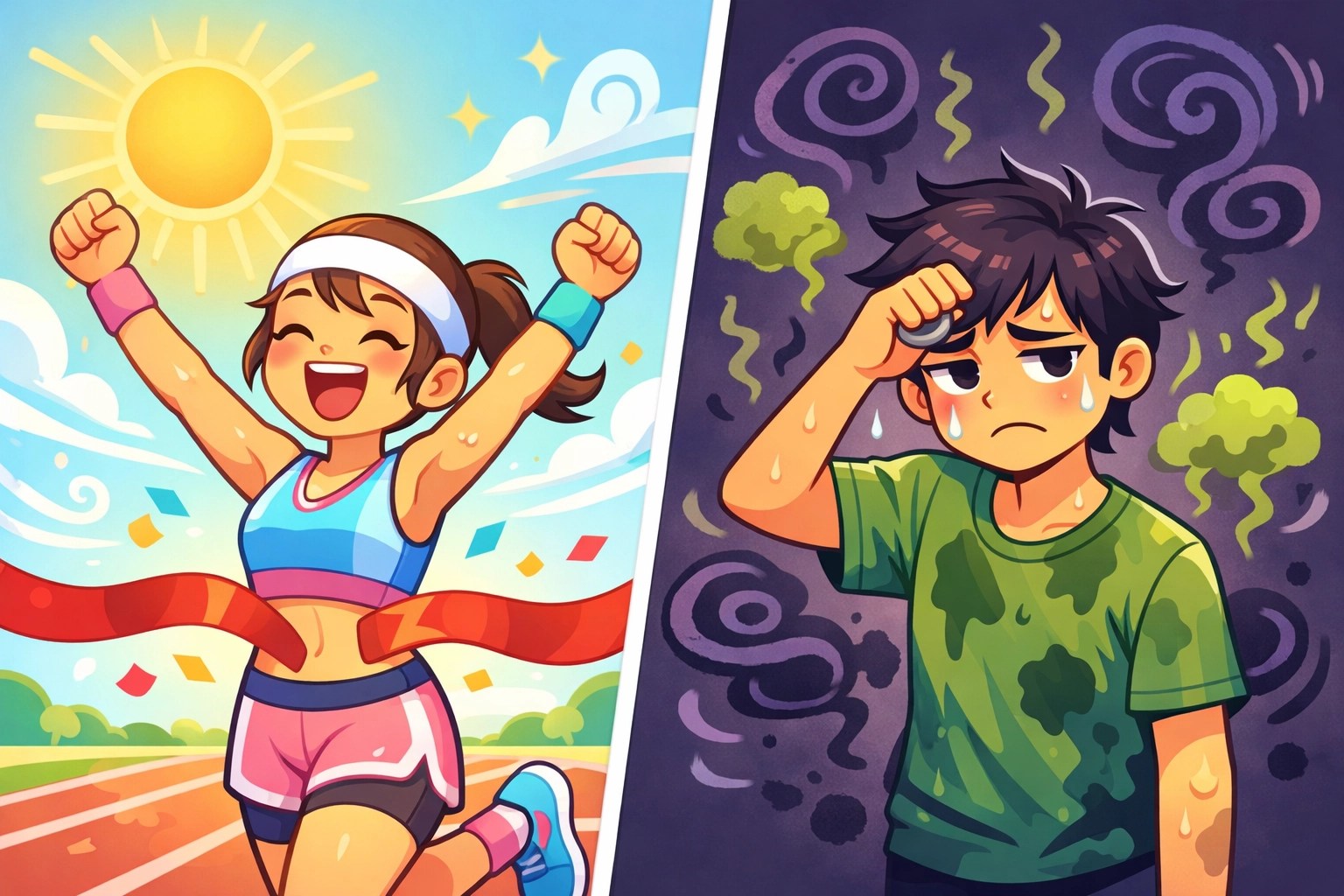 Cartoon comparison of a fresh athlete using natural deodorant versus a person with underarm odor.