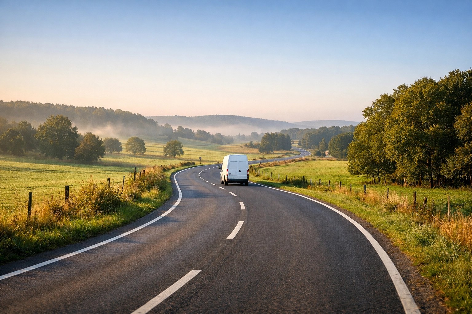 A medical transport van driving on a rural road, highlighting access to healthcare in remote areas.