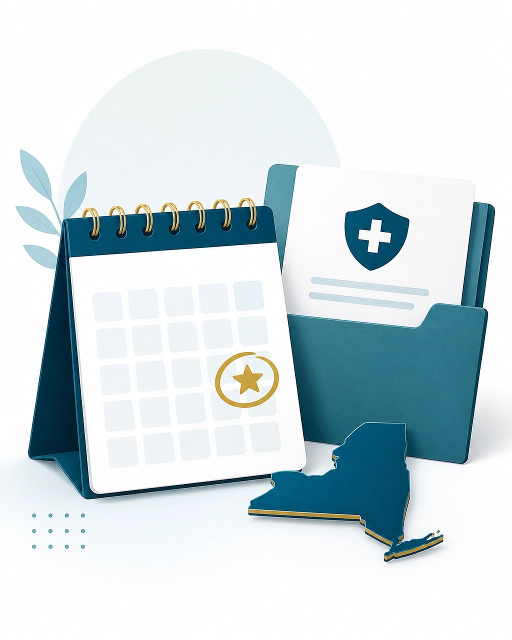 New York health insurance enrollment planning scene with calendar, folder, and state outline