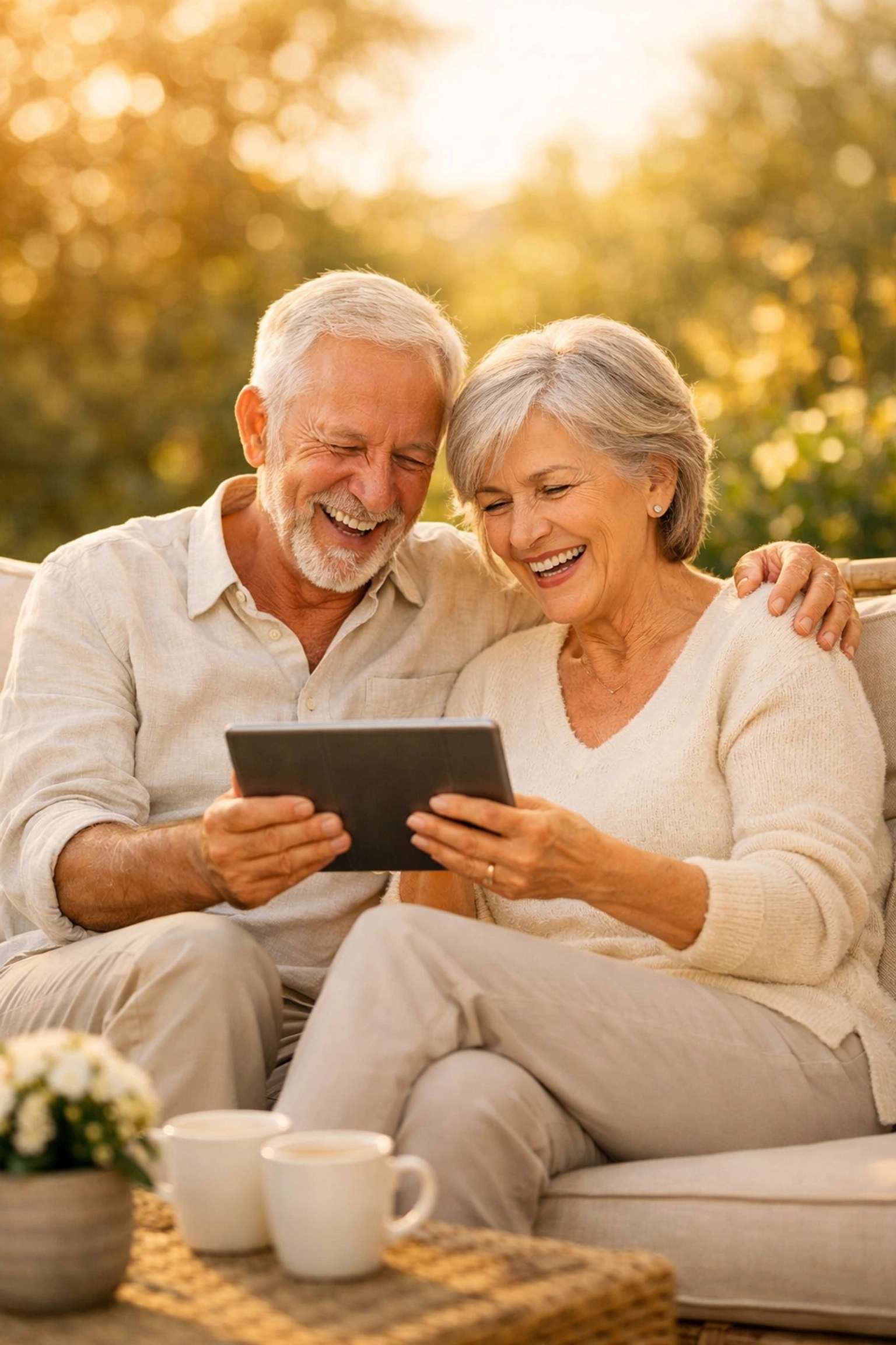 Happy senior couple enjoying financial security and peace of mind with 2026 Medicare Advantage plans.