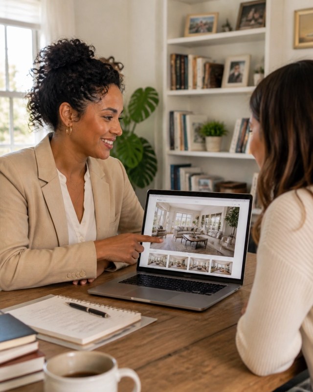 Real estate agent reviewing a property listing draft and home photos at a desk