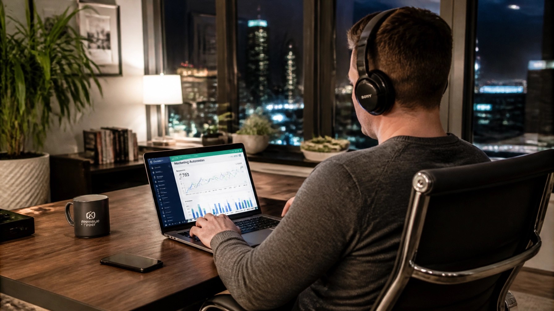 A person sitting in a modern, stylish home office with a view of a city skyline at night. They are using a laptop showing a marketing automation dashboard with graphs and charts, while wearing professional headphones, listening to online radio.