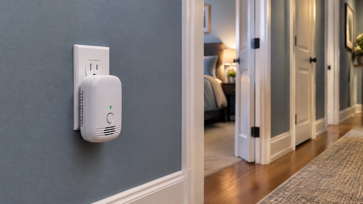 A white plug-in carbon monoxide alarm installed in a home hallway near bedroom doors