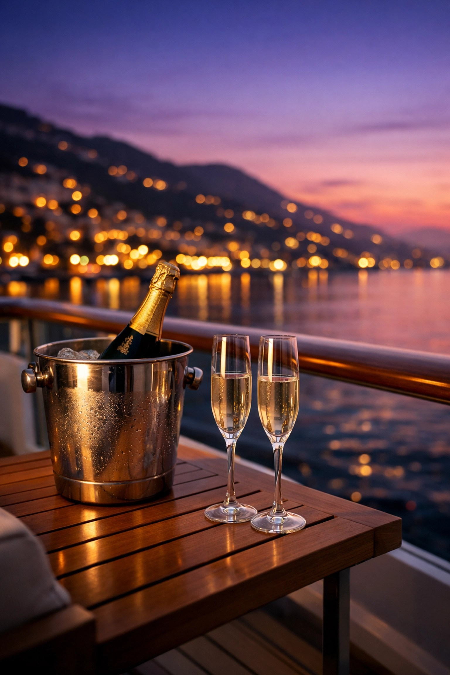 Champagne on a private luxury cruise ship balcony overlooking a Mediterranean sunset.