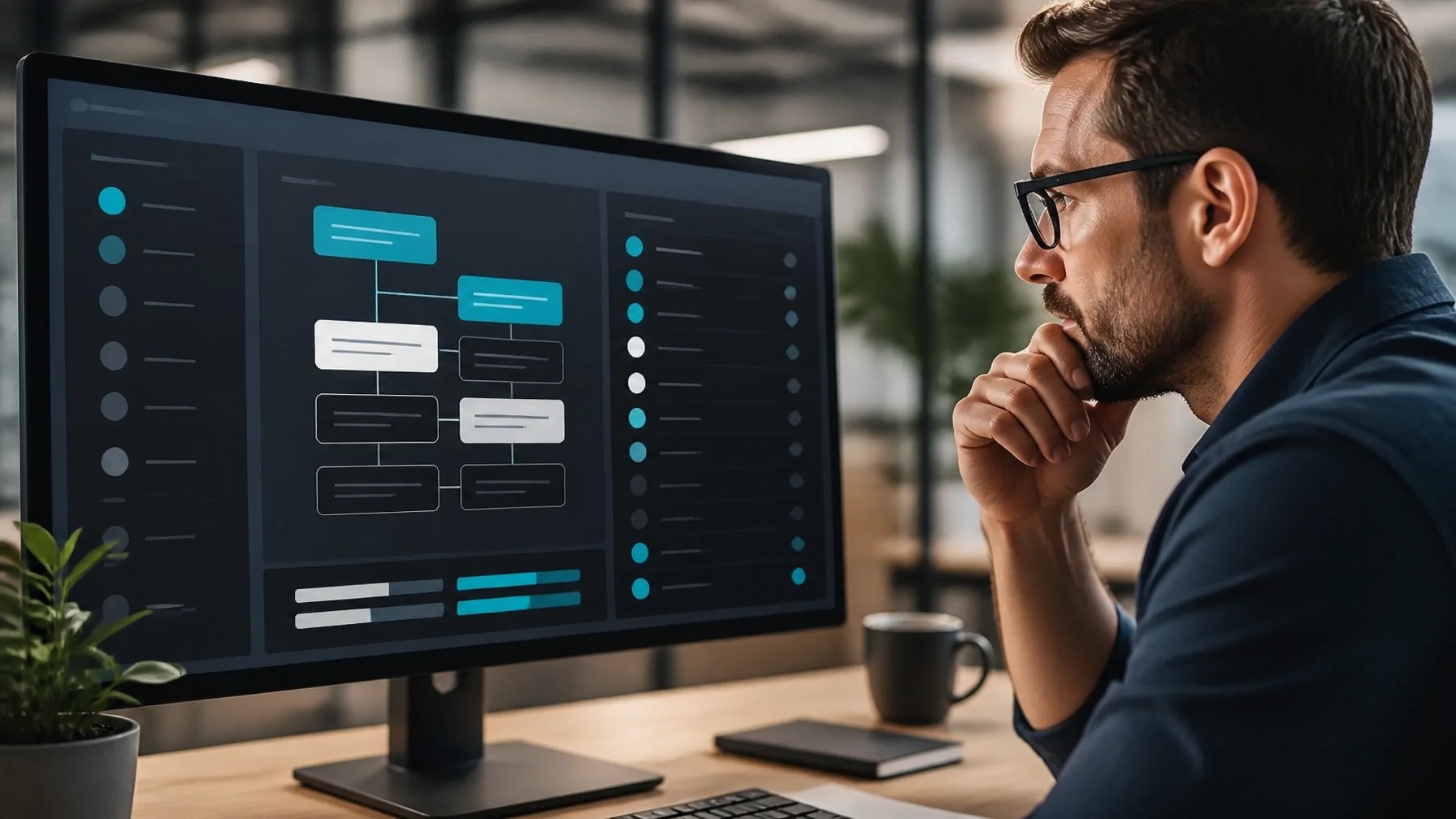 A single technical specialist reviewing a structured crawler-access audit on a monitor with abstract allow and disallow states