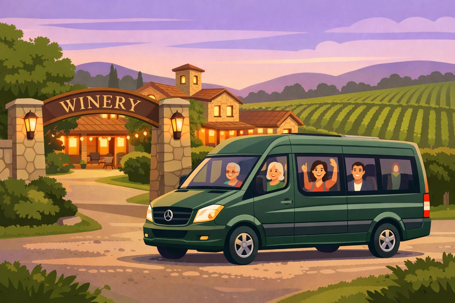 Tour van arriving at Virginia winery entrance for curated private wine tasting experience