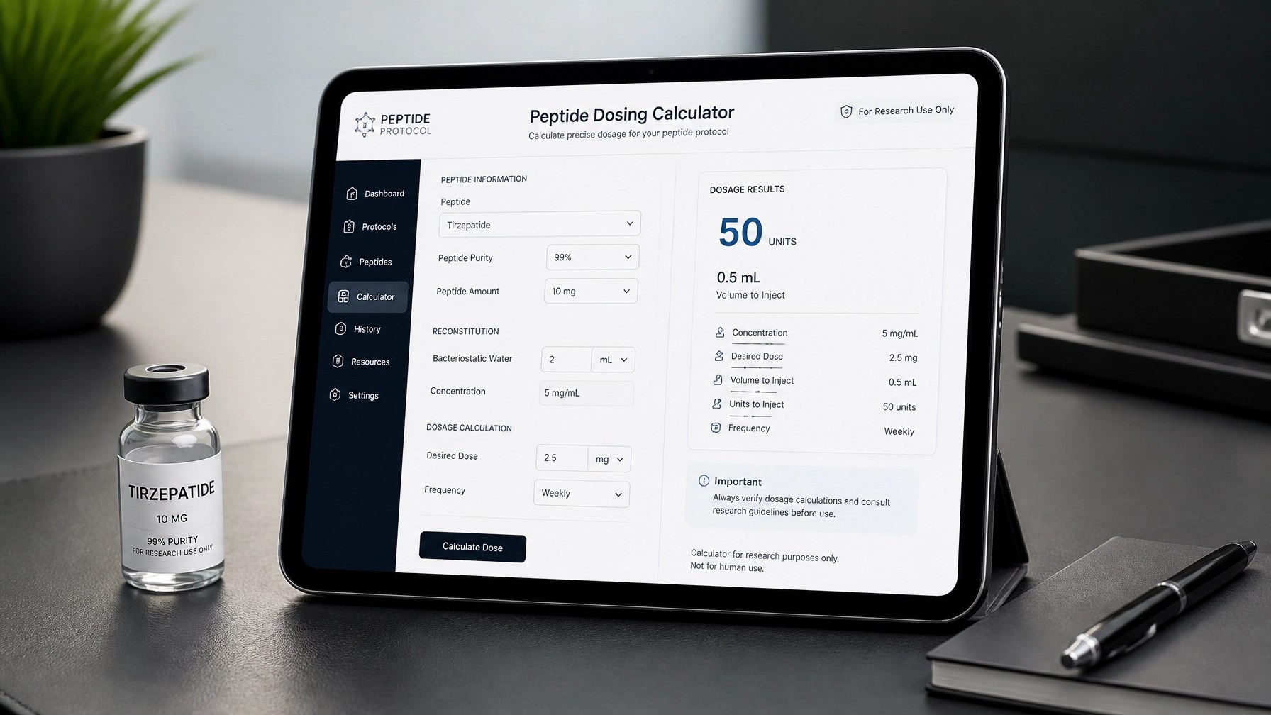 Tablet displaying a peptide dosing calculator tool on a modern desk