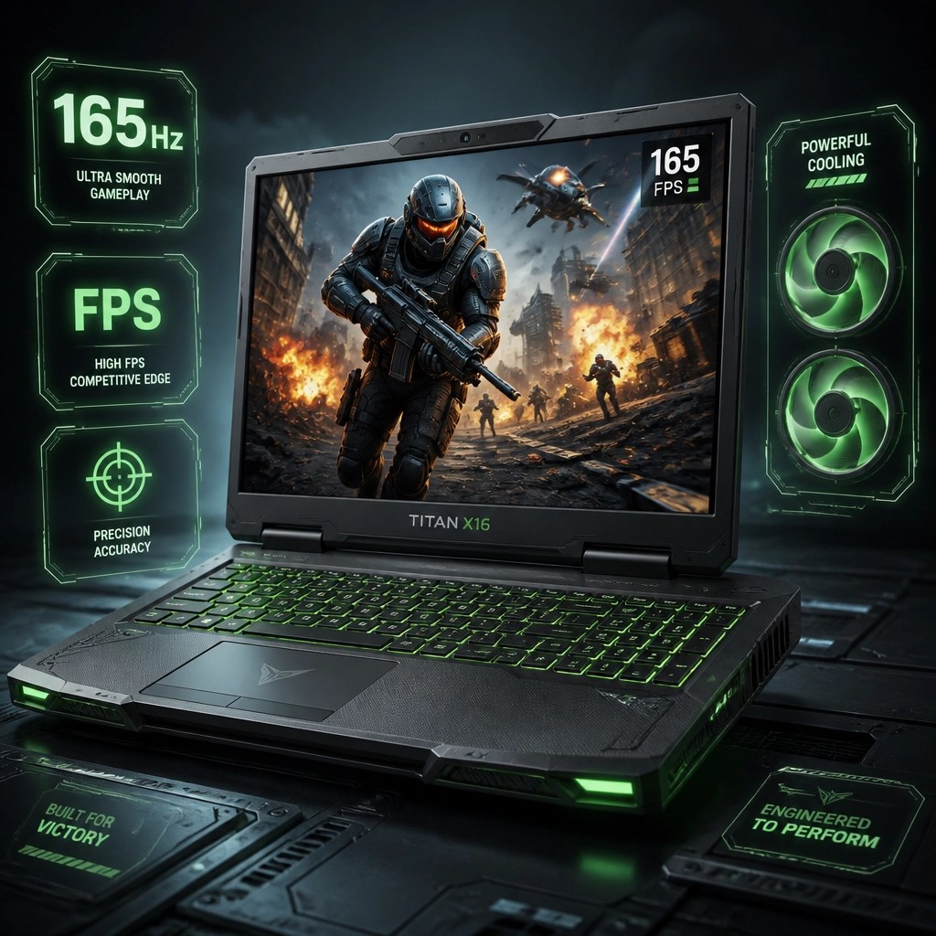 3D illustration of a rugged gaming laptop with glowing green accents