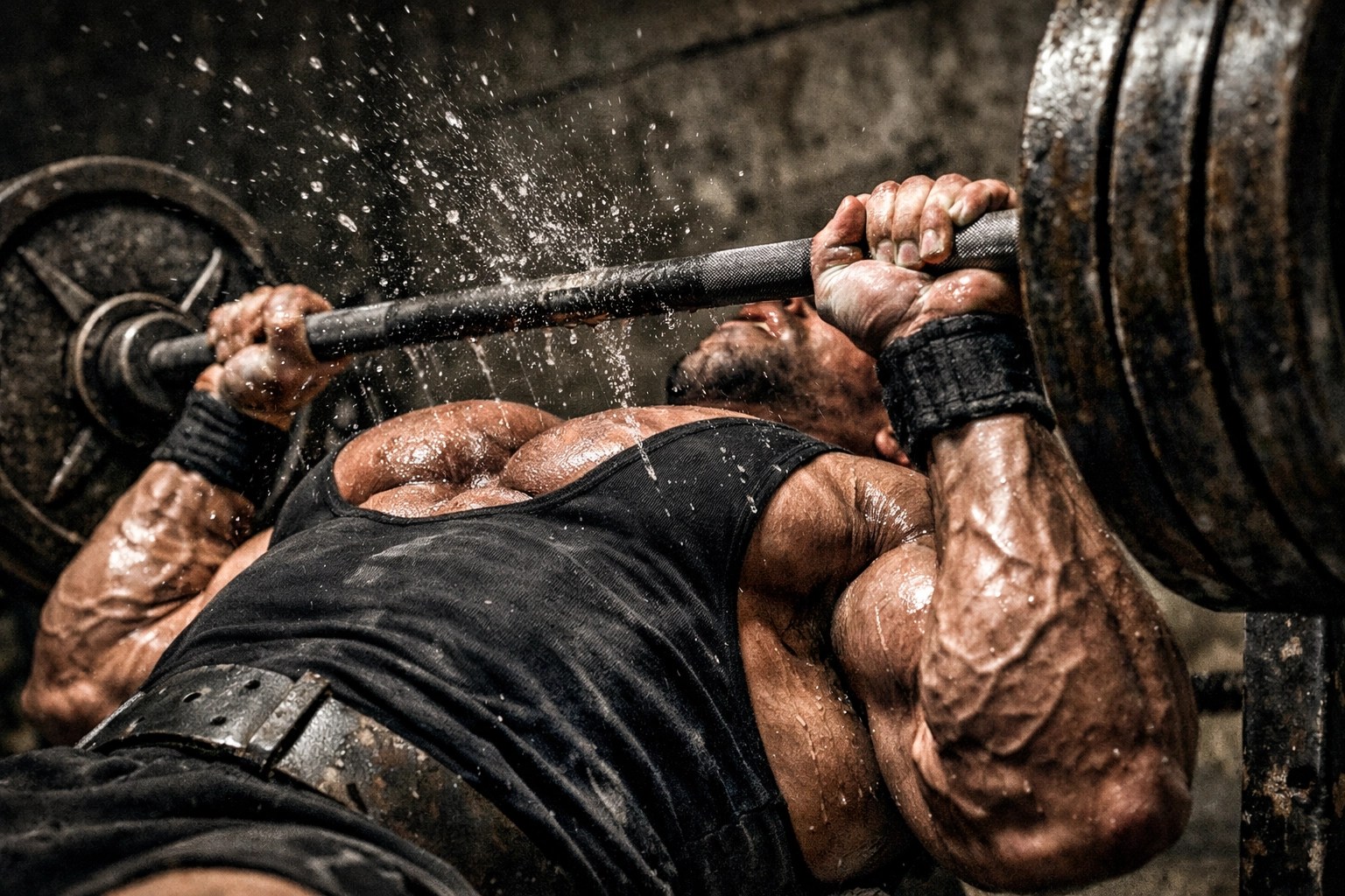 Close-up of an athlete performing a heavy barbell bench press for maximum chest muscle growth.