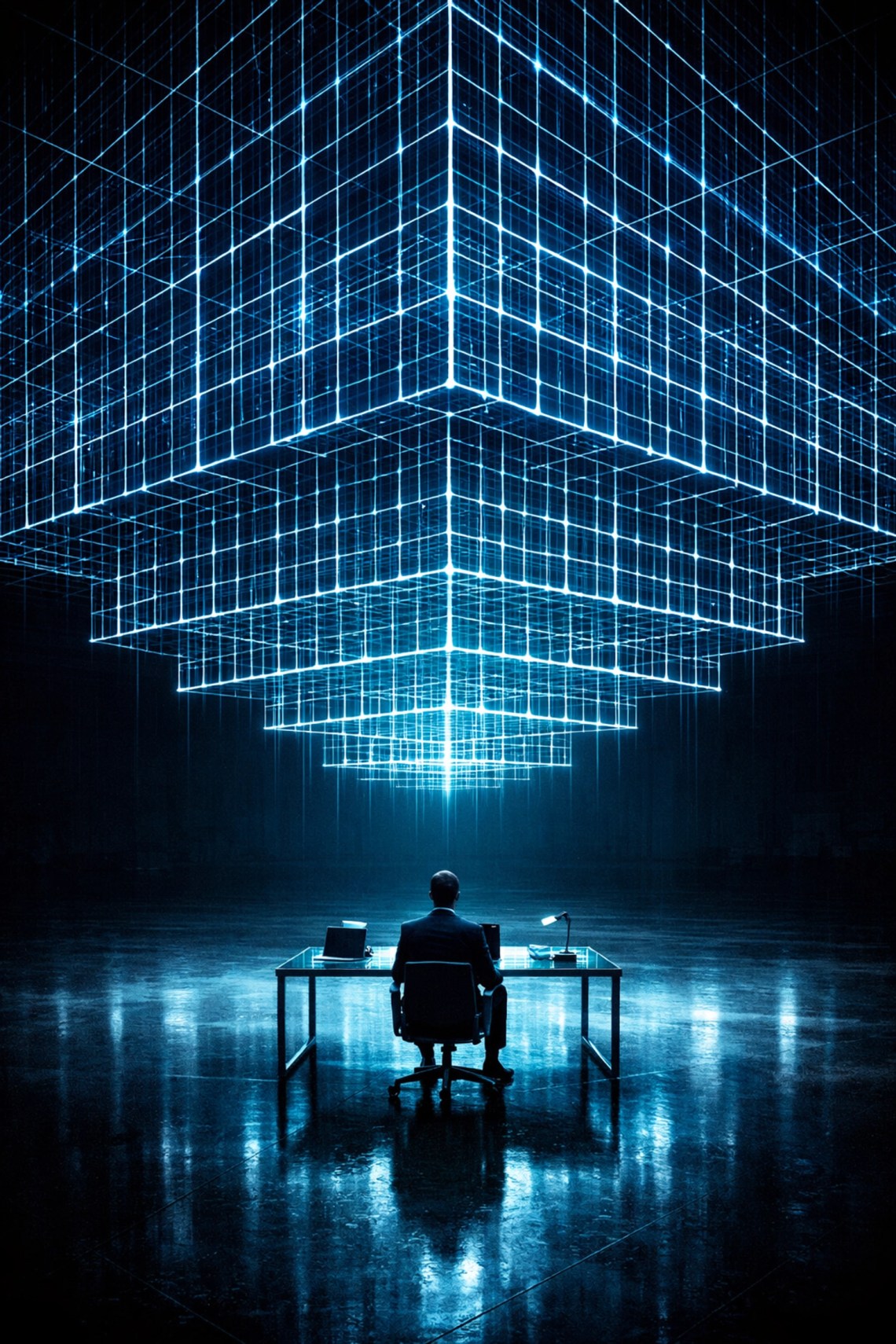 Digital net monitoring an individual at a desk, symbolizing the reach of the modern financial surveillance state.